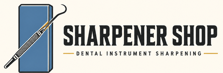 SharpenerShop logo: a steel blue sharpening stone with a curette resting across it, beside the words Sharpener Shop, Dental Instrument Sharpening